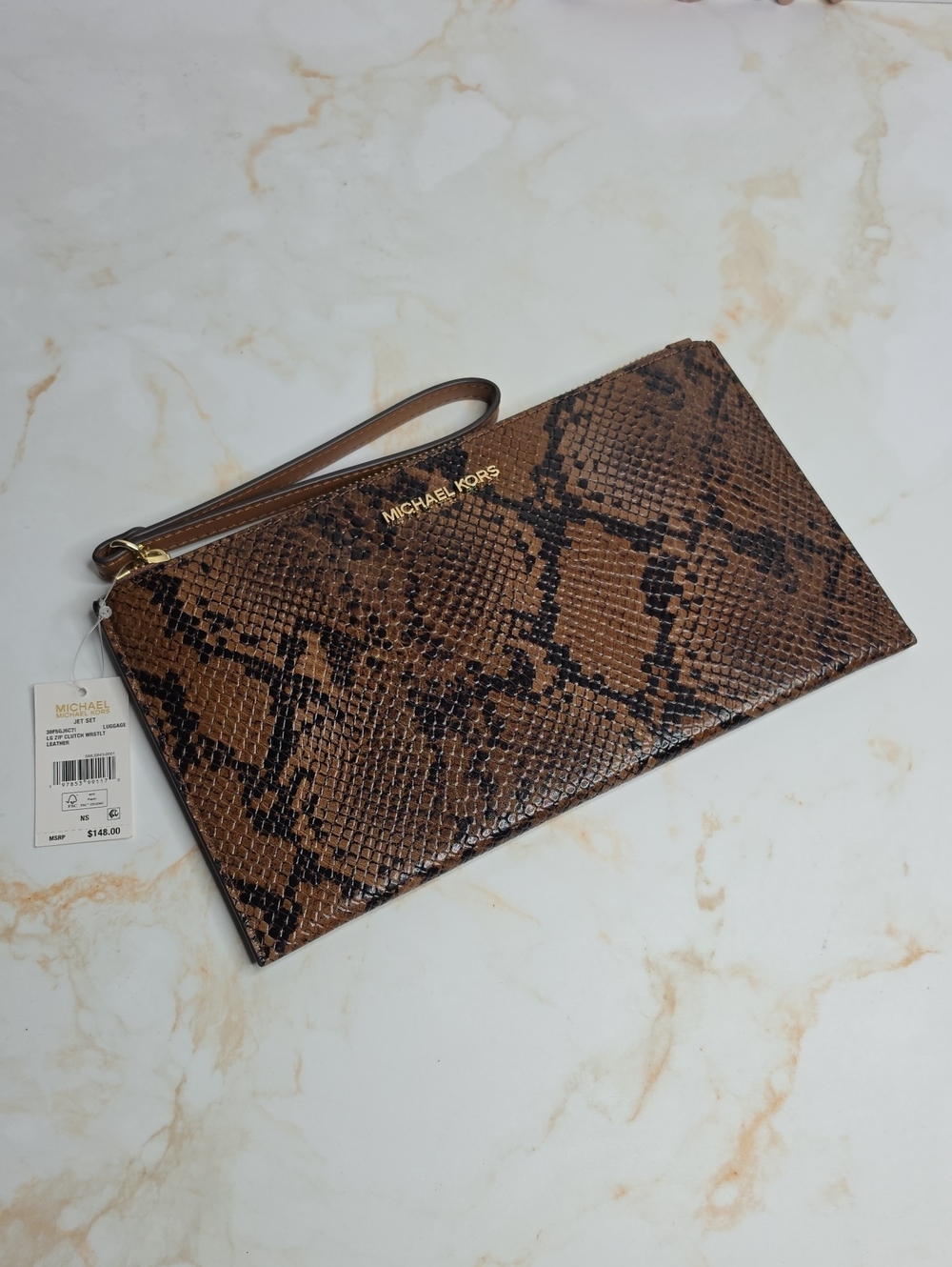Michael Kors  Jet Set Brown Snake-Print Leather Wristlet Clutch New
